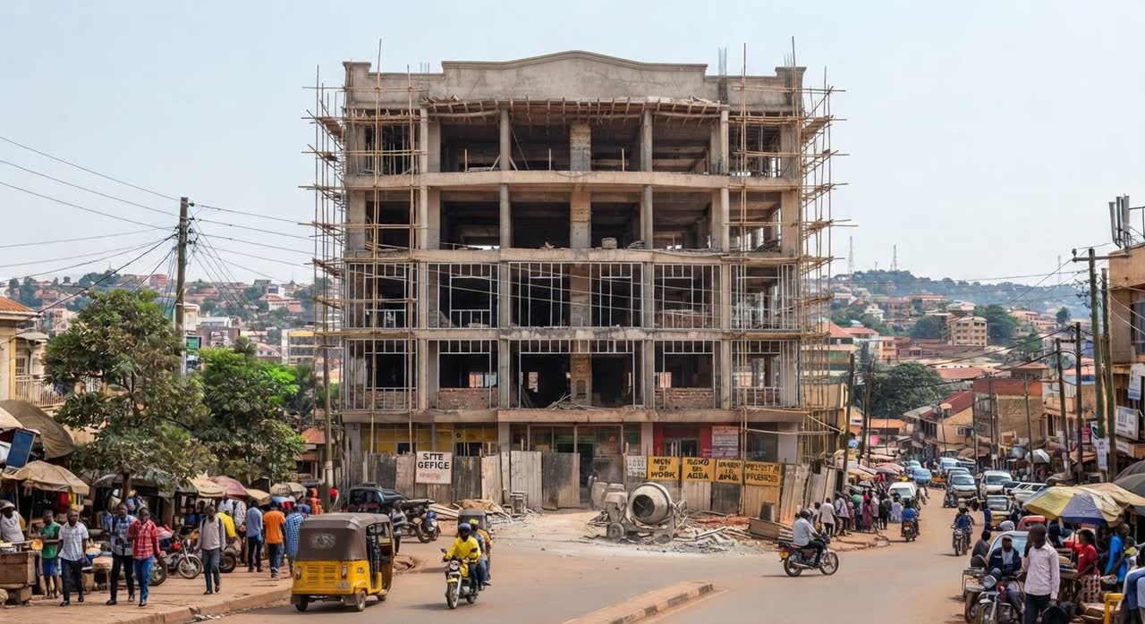 Multi-storey commercial plaza under construction with ground-floor shops